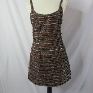 NBD Mini Cocktail Dress Black Copper Sequins Beading Stripes Tank Size Small